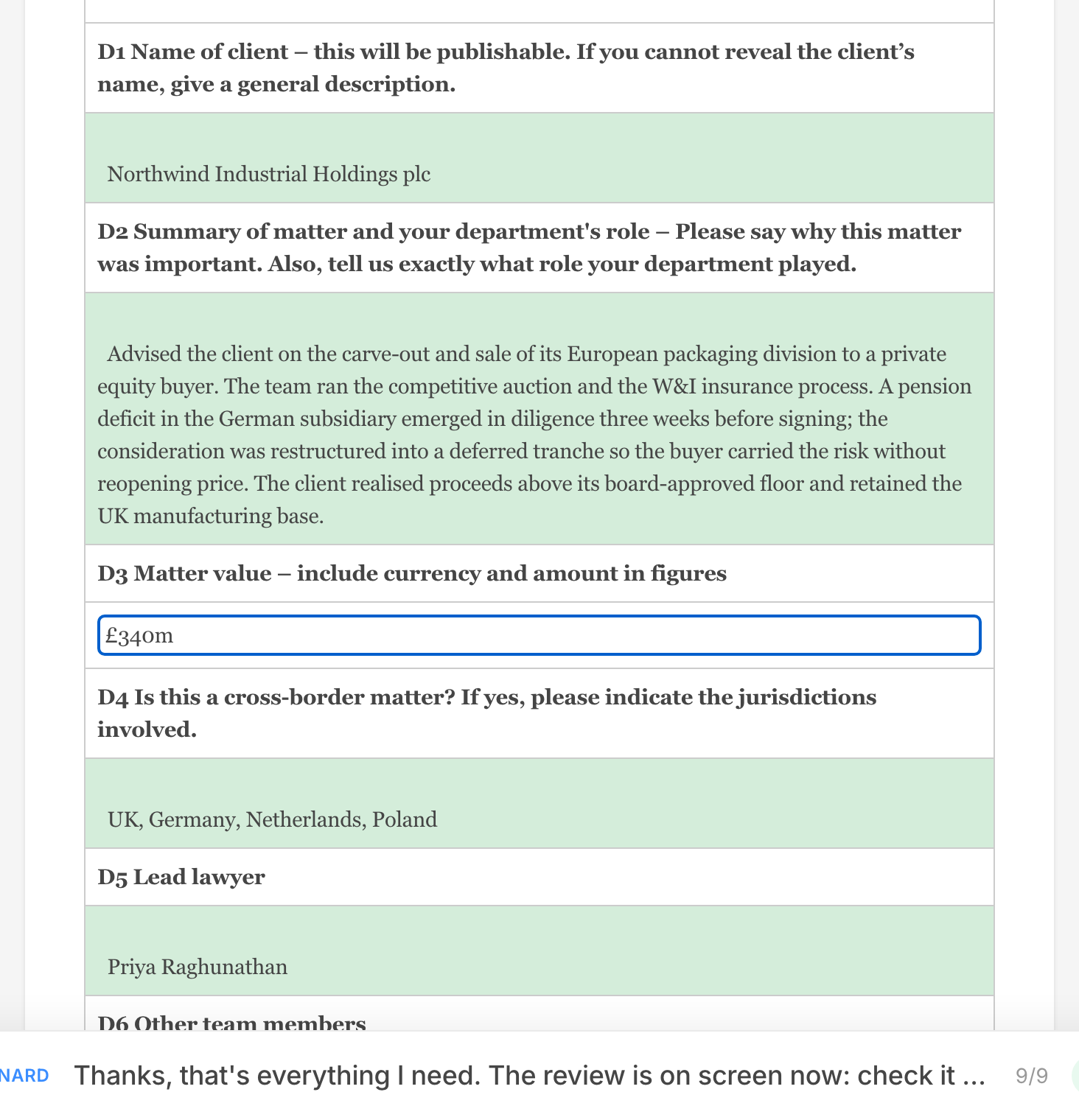 A field being corrected in place inside the submission