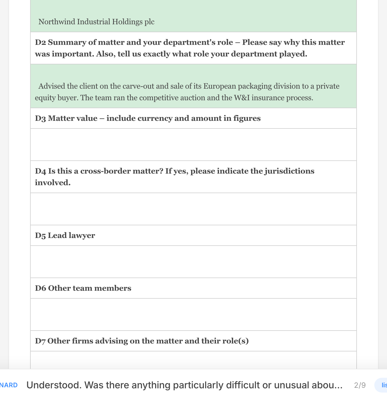 The submission template filling in during a conversation, with captured answers shaded green
